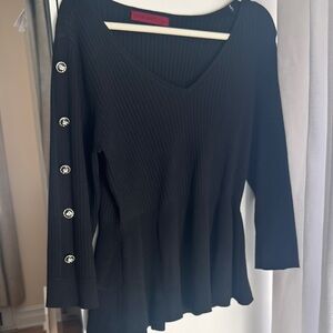 V-Neck Ribbed Knit Blouse with Decorative Side Buttons